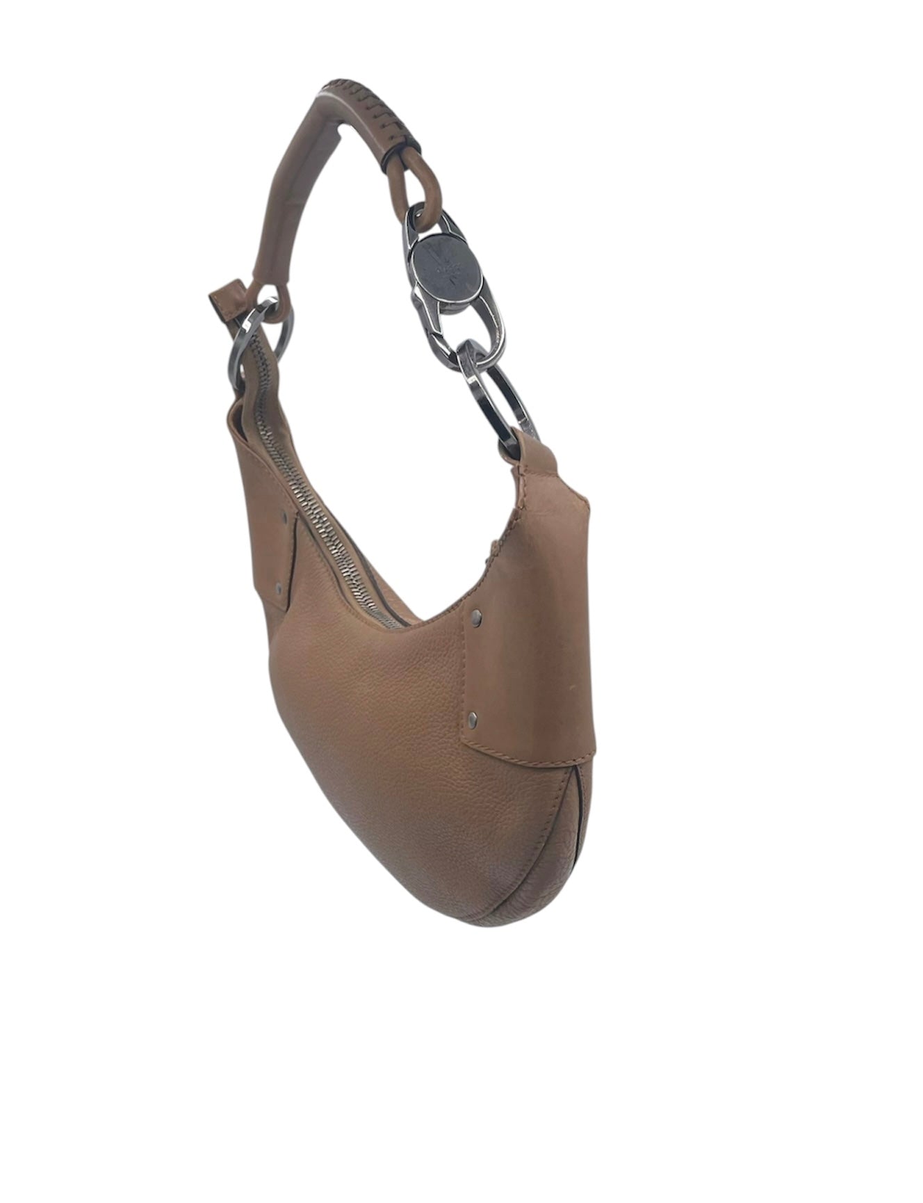 Gucci Leather Crescent Hobo Silver Hardware Thick Strap Rings- Tan