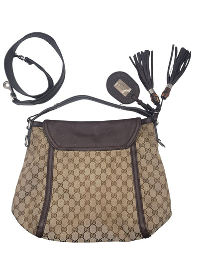 Gucci GG Indy Hobo Tassel Detail Leather Trim- Beige/Brown
