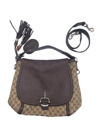 Gucci GG Indy Hobo Tassel Detail Leather Trim- Beige/Brown