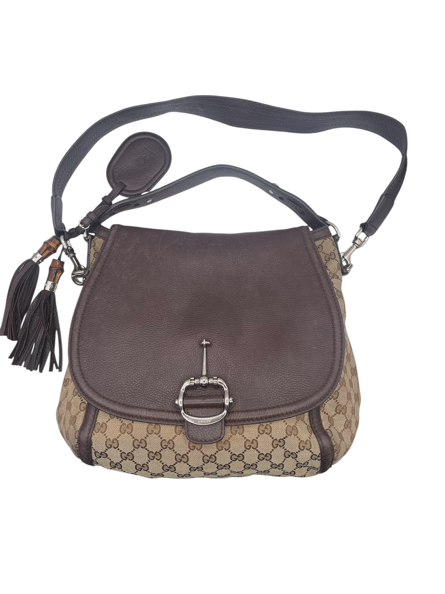 Gucci GG Indy Hobo Tassel Detail Leather Trim- Beige/Brown