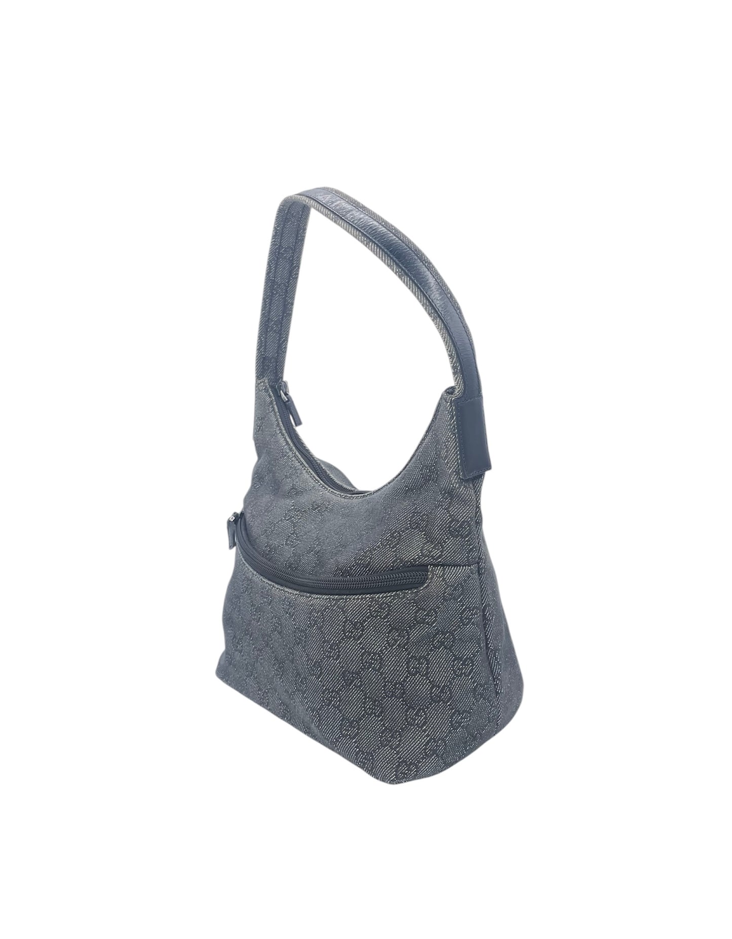 Gucci GG Canvas Shoulder Bag Leather Trim Front Zip Pocket- Dark Grey
