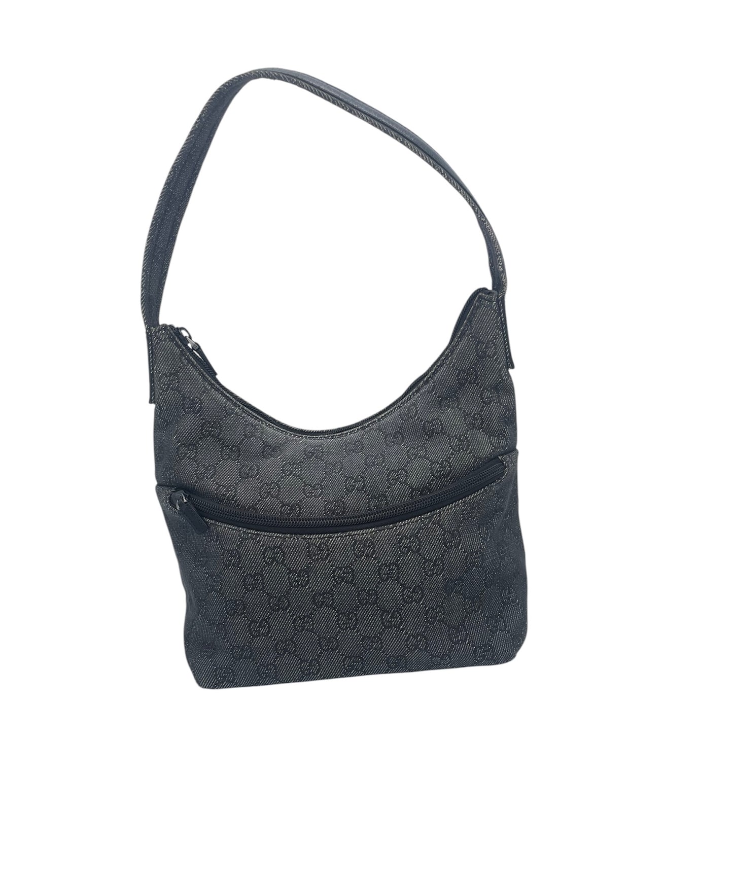 Gucci GG Canvas Shoulder Bag Leather Trim Front Zip Pocket- Dark Grey