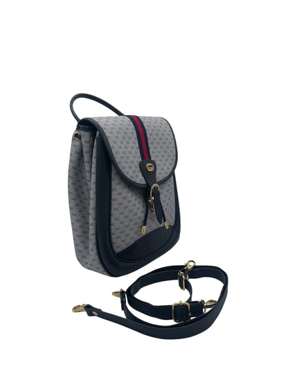 Gucci Ophidia GG Supreme Top Handle Backpack Web Stripe Leather Trim- Grey/Navy