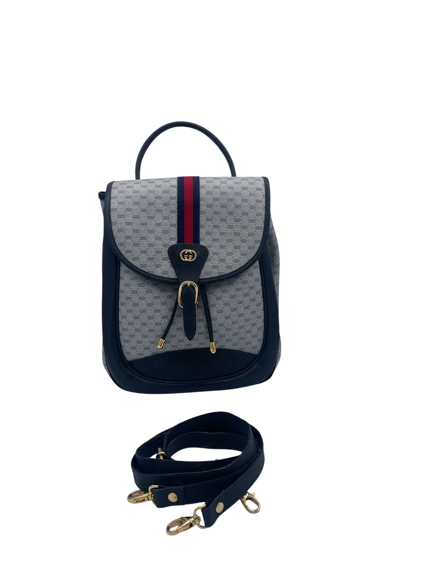 Gucci Ophidia GG Supreme Top Handle Backpack Web Stripe Leather Trim- Grey/Navy
