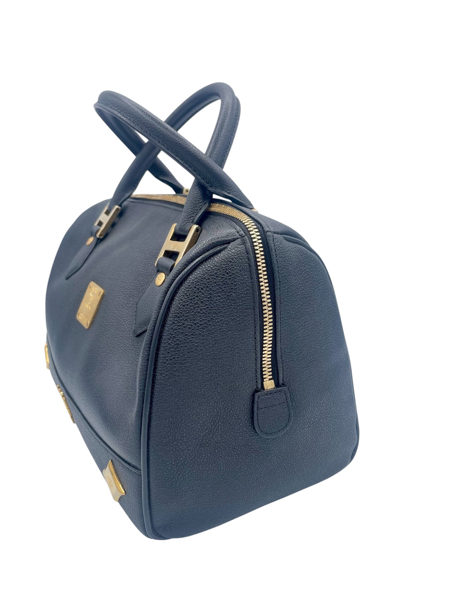 MCM Pebbled Leather Tote Gold Hardware Structured Classic- Black