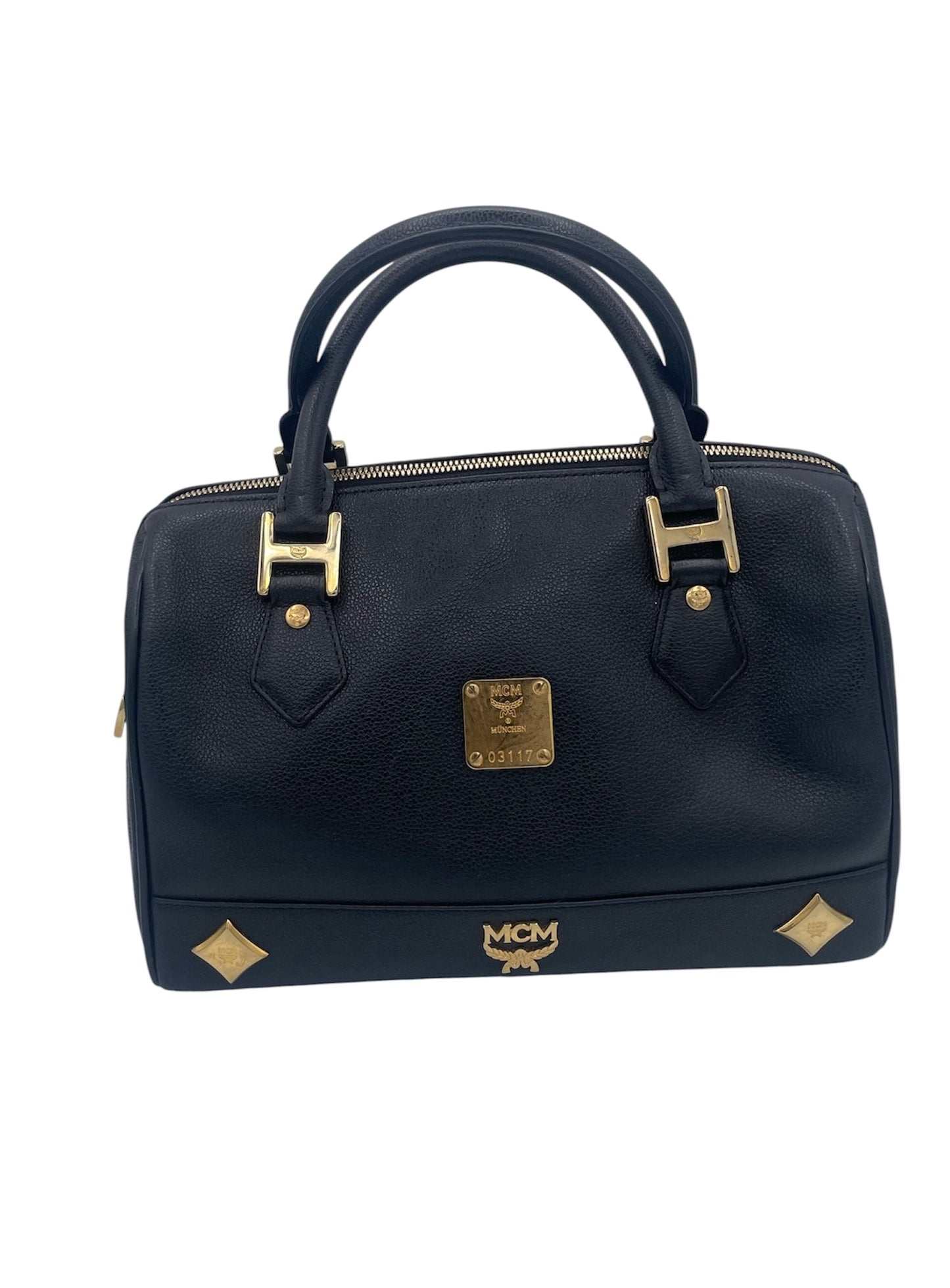 MCM Pebbled Leather Tote Gold Hardware Structured Classic- Black