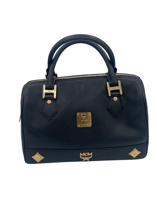 MCM Pebbled Leather Tote Gold Hardware Structured Classic- Black