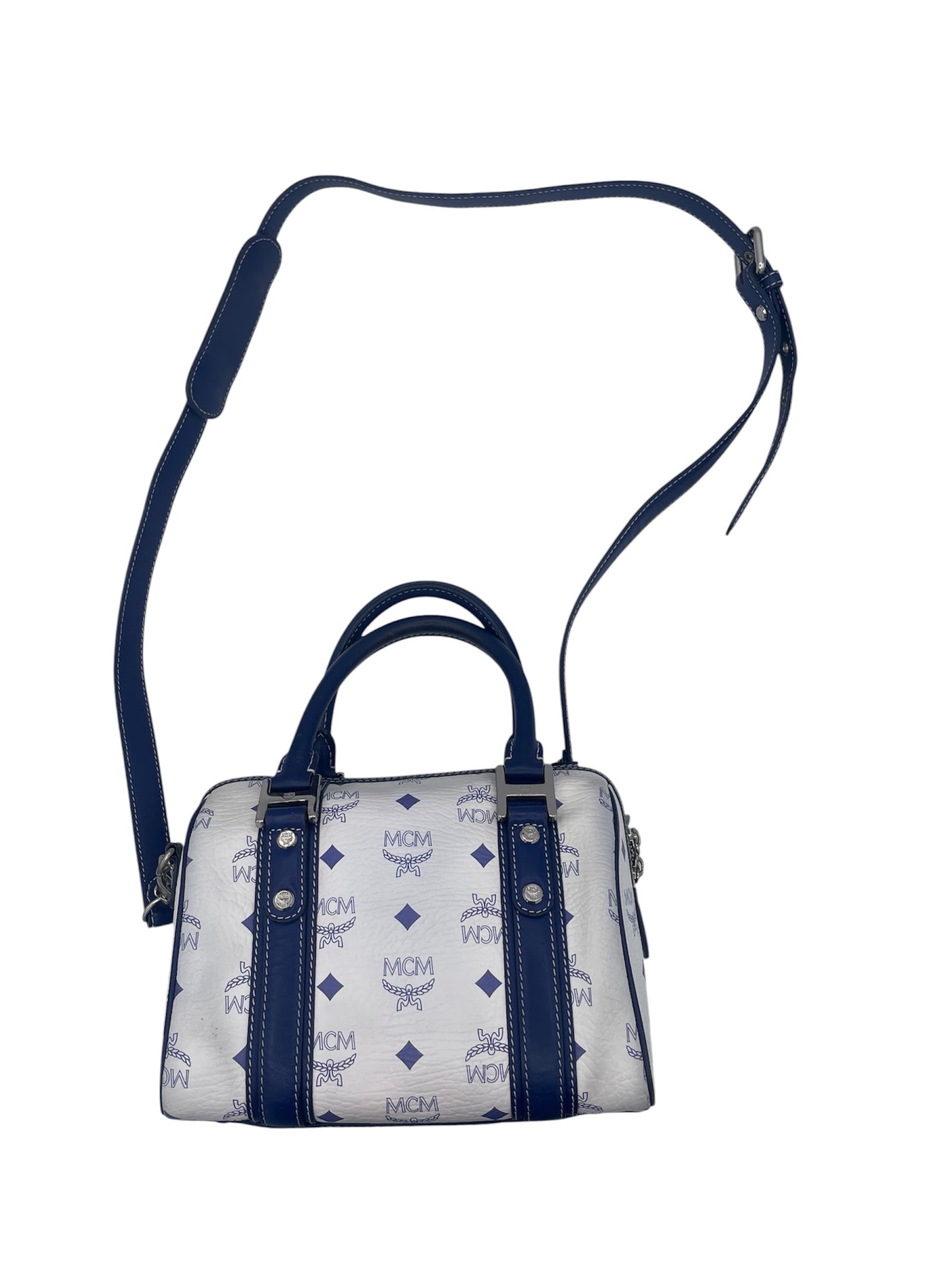 MCM Visetos Boston Satchel Blue Trim Silver Hardware- White/Blue