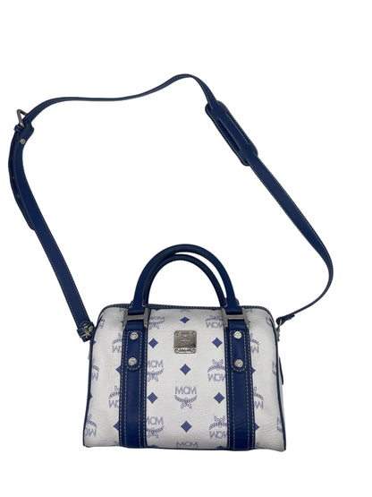 MCM Visetos Boston Satchel Blue Trim Silver Hardware- White/Blue