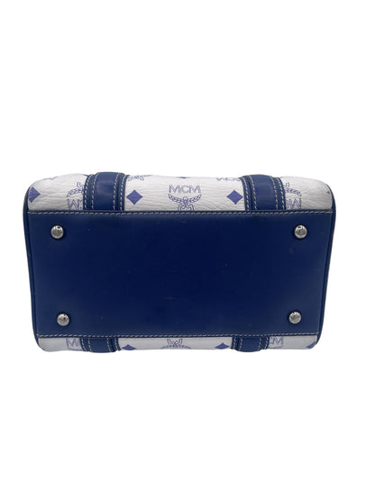 MCM Visetos Boston Satchel Blue Trim Silver Hardware- White/Blue