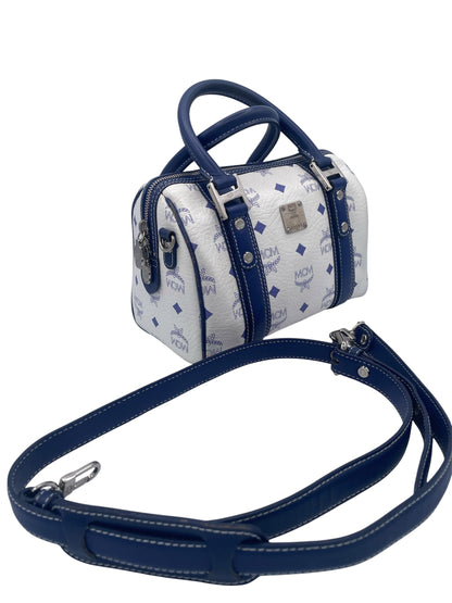 MCM Visetos Boston Satchel Blue Trim Silver Hardware- White/Blue