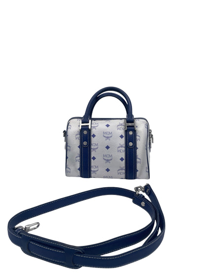 MCM Visetos Boston Satchel Blue Trim Silver Hardware- White/Blue