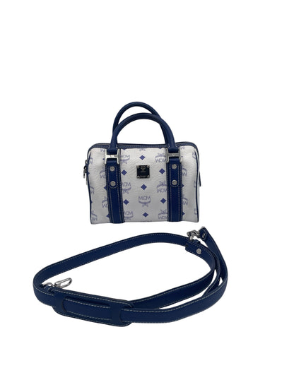 MCM Visetos Boston Satchel Blue Trim Silver Hardware- White/Blue