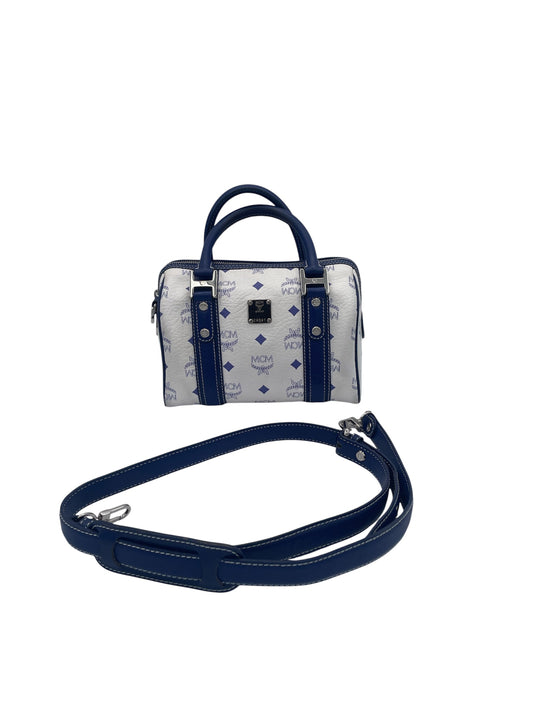 MCM Visetos Boston Satchel Blue Trim Silver Hardware- White/Blue