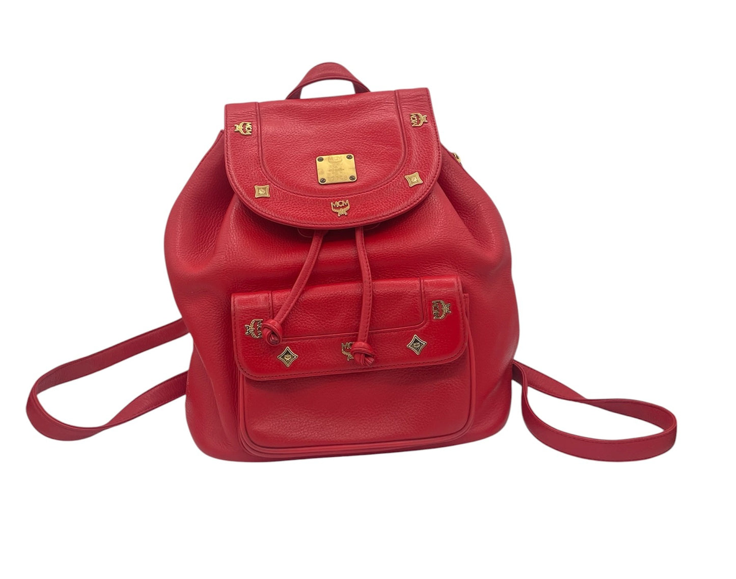 MCM Leather Studded Backpack Gold Hardware Drawstring Flap- Red