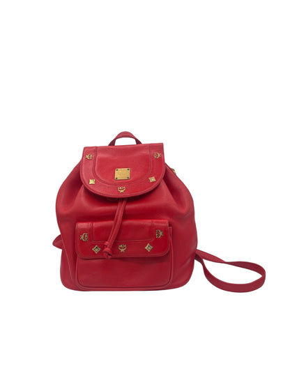 MCM Leather Studded Backpack Gold Hardware Drawstring Flap- Red
