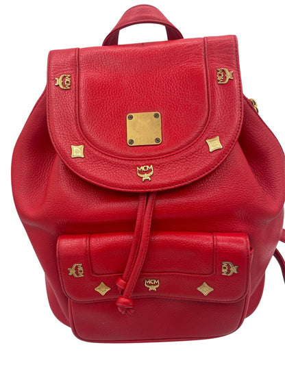MCM Leather Studded Backpack Gold Hardware Drawstring Flap- Red