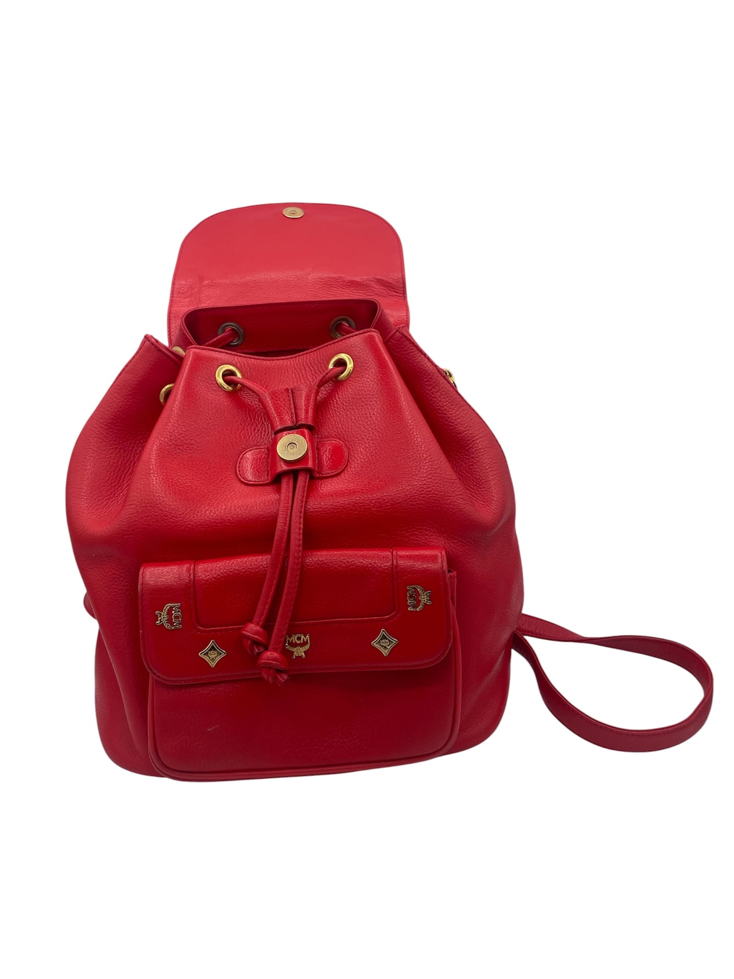 MCM Leather Studded Backpack Gold Hardware Drawstring Flap- Red
