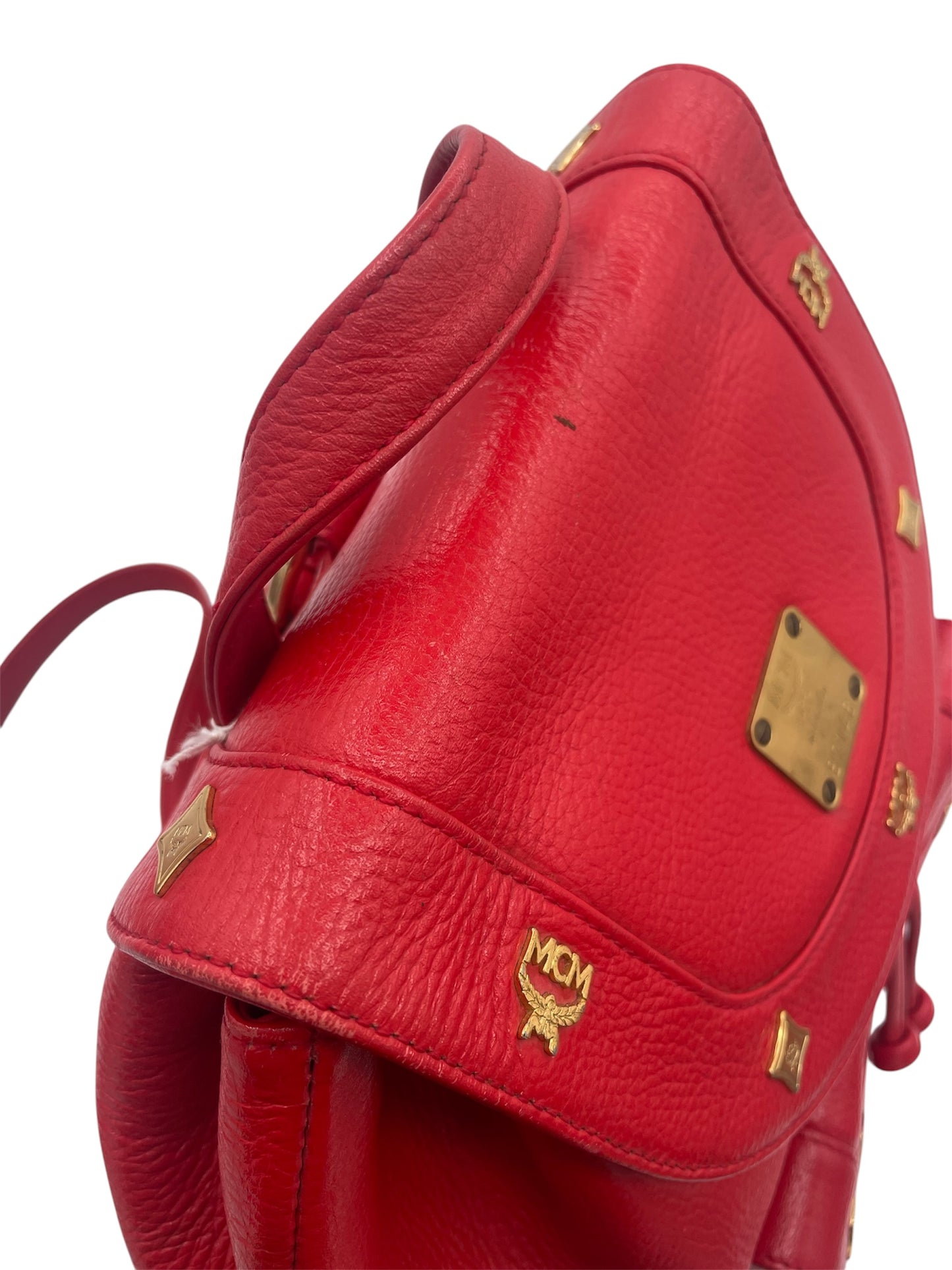MCM Leather Studded Backpack Gold Hardware Drawstring Flap- Red