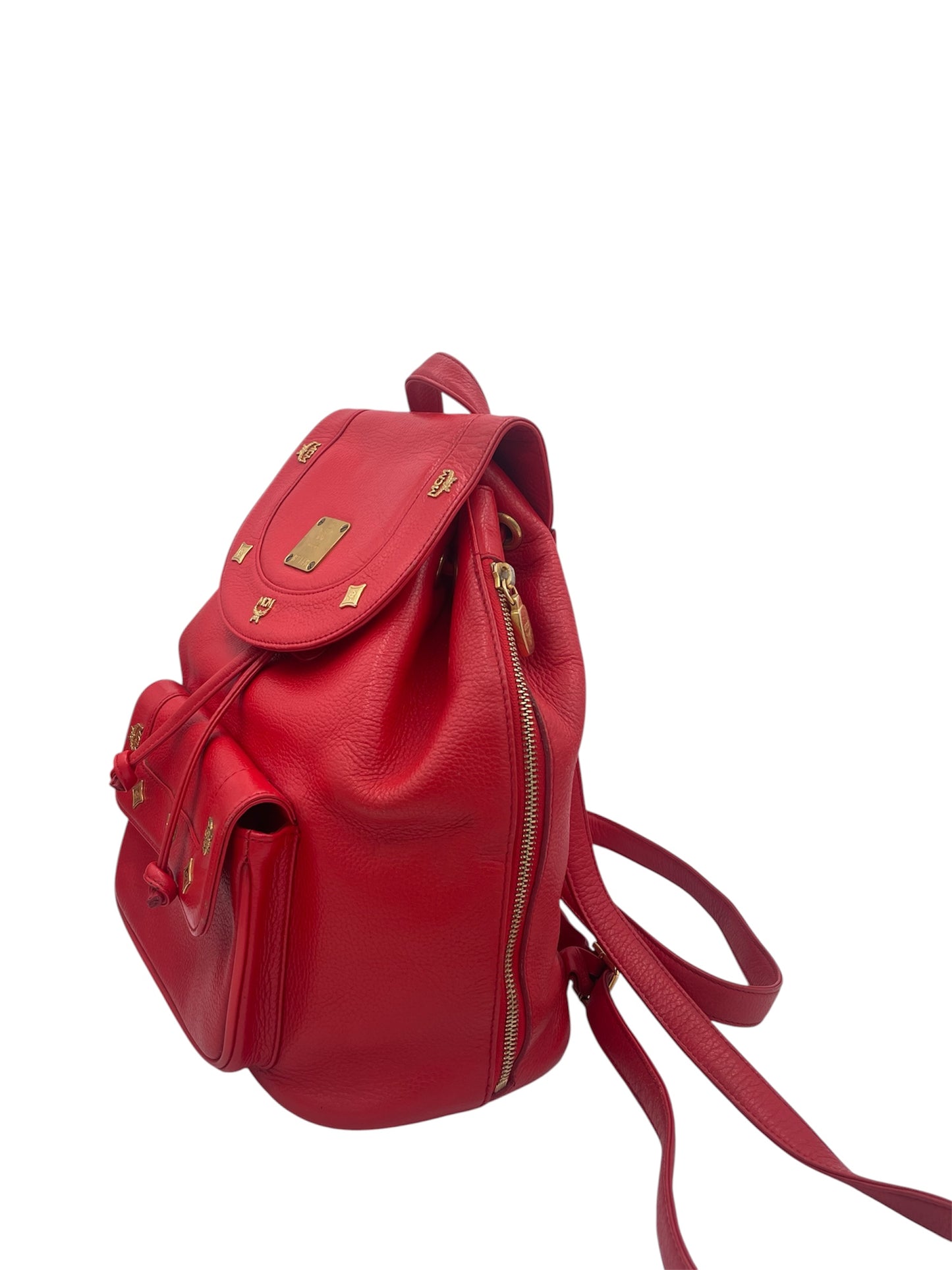 MCM Leather Studded Backpack Gold Hardware Drawstring Flap- Red