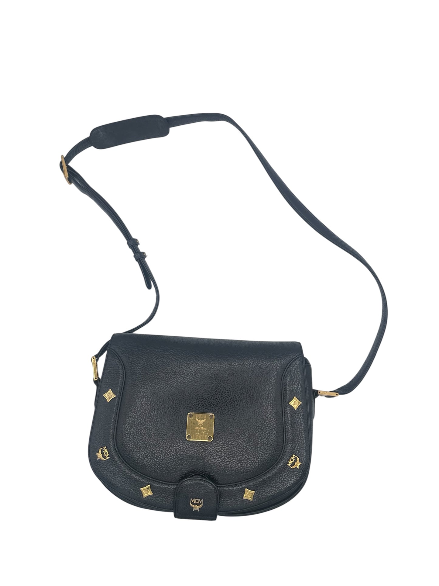 MCM Studded Leather Crossbody Shoulder Bag Gold Hardware Flap Style- Black