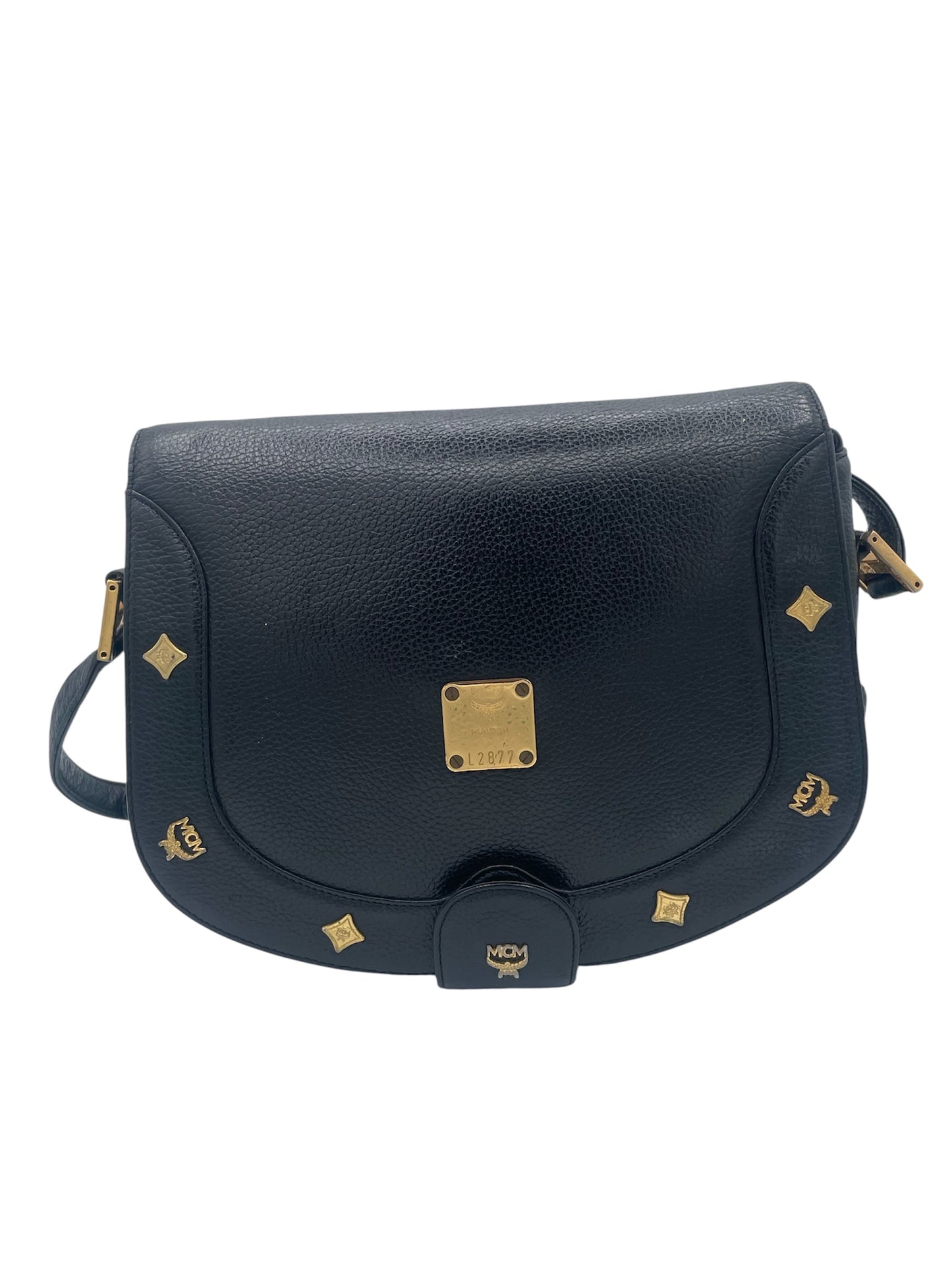 MCM Studded Leather Crossbody Shoulder Bag Gold Hardware Flap Style- Black