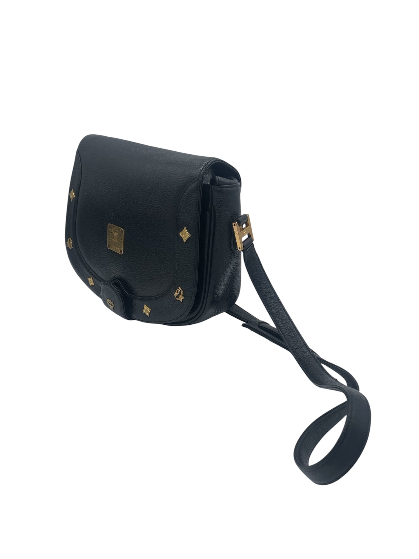 MCM Studded Leather Crossbody Shoulder Bag Gold Hardware Flap Style- Black