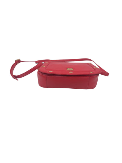 MCM Studded Leather Crossbody Shoulder Bag Gold Hardware Flap Style- Red