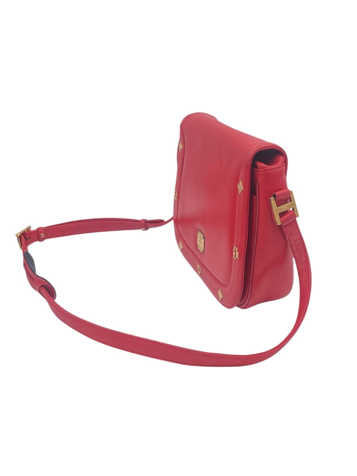 MCM Studded Leather Crossbody Shoulder Bag Gold Hardware Flap Style- Red