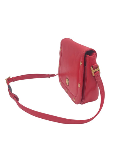 MCM Studded Leather Crossbody Shoulder Bag Gold Hardware Flap Style- Red