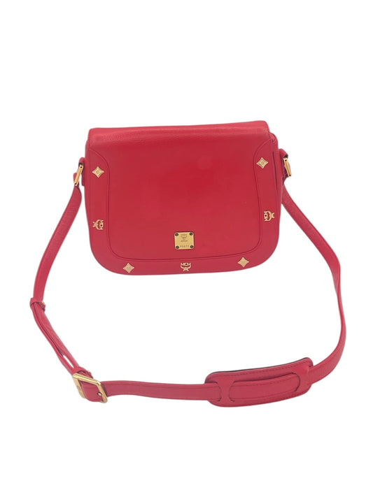 MCM Studded Leather Crossbody Shoulder Bag Gold Hardware Flap Style- Red