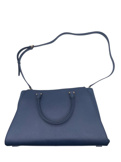 MCM Leather Satchel – Structured Designer Handbag with Gold Hardware - Navy Blue